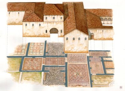 Bizánci művészet: a 6. századi ravennai (Ravenna) kőszőnyegek (dei tappeti di pietra) Domus helyének látványa, amely egy bizánci palota mozaikjaiból áll. alkotó: Giorgio Albertini