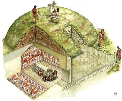 Etruszk civilizáció: a tarquiniai nekropolisz Triclinio (triclinium) sírjának rekonstrukciója és metszete. Kr. e. 5. század Olaszország Giorgio Albertini illusztrációja. alkotó: Giorgio Albertini