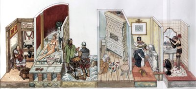 Hétköznapi élet: a házak belső fűtési rendszereinek fejlődése, balra egy férfi, aki parázzsal melegíti magát az antikvitásban, egy fiatal nő a gőzfürdőben, középkori versek a 19. században egy radiátor egy 20. századi házban. alkotó: Giorgio Albertini