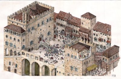 Középkor: Gubbio (Umbria) városának központi tere a 14. századi Olaszországban. Balra látható a konzulok palotája. alkotó: Giorgio Albertini