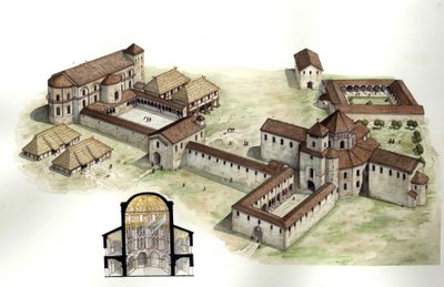 Középkor: áttekintés és keresztmetszet Nagy Károly (kb. 742-814) palotájának rekonstrukciója, amelyet Eudes de Metz építész 794 körül Aachenben (Aachen) Németországban valósított meg. Illusztráció: Giorgio Albertini. (A szerző műveinek felhasználása nem tá alkotó: Giorgio Albertini