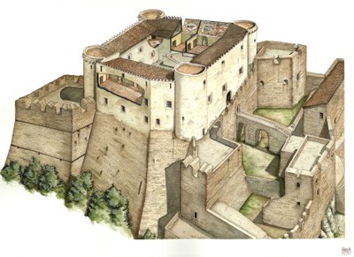 Középkor: a 11. században épült Santa Severina vár rekonstrukciója Catanzaróban. Calabria Olaszország Illusztráció: Giorgio Albertini. (A szerző műveinek felhasználásához nem szükséges harmadik fél engedélye, illetve a alkotó: Giorgio Albertini