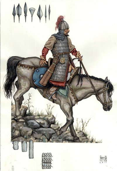 Középkor: a magyar nehézlovasság katonája. 9. század alkotó: Giorgio Albertini