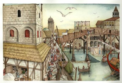 Középkor: a XI. századi Rialto-híd és a velencei (Olaszország) tevékenységek látképe. alkotó: Giorgio Albertini