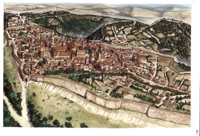 Középkor: Volterra középkori, bástyákkal körülvett városának látképe a 14. században. Toszkána. Olaszország Giorgio Albertini illusztrációja. (A szerző műveinek felhasználásához nem szükséges harmadik fél engedélye vagy t alkotó: Giorgio Albertini