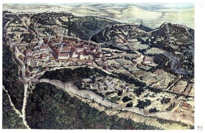 Középkor: Volterra középkori, bástyákkal körülvett városának látképe a 10. században. Toszkána. Olaszország Giorgio Albertini illusztrációja. (A szerző műveinek felhasználásához nem szükséges harmadik fél engedélye vagy t alkotó: Giorgio Albertini