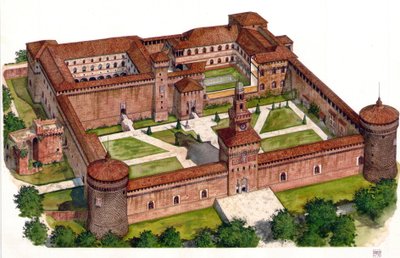 Francesco Sforza herceg által a 15. században épített Sforza-kastély (Castello Sforzesco) várának áttekintése az olaszországi Milánóban. alkotó: Giorgio Albertini