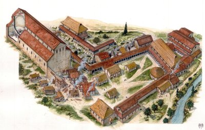 Preromán művészet: a 8. században alapított Volturne-i Szent Vince (Szent Vince) bencés kolostor (Abbadia di San Vincenzo al Volturno) légi látképe. Castel san Vincenzo, Olaszország Giorgio Albertini illusztrációja. (A szerző művének felhasználása alkotó: Giorgio Albertini