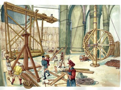 Reneszánsz: a Santa Maria del Fiore templom (Duomo) kupolájának rekonstrukciója Filippo Brunelleschi építész tervei alapján. 1436. Firenze Olaszország Giorgio Albertini illusztrációja. (A szerző műveinek felhasználása nem megengedett. alkotó: Giorgio Albertini