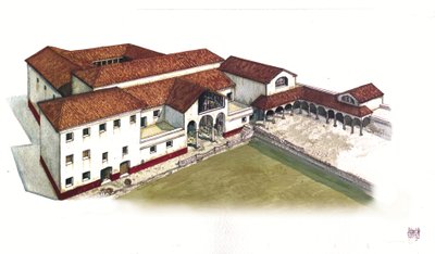 Roman Antiquite: a tengeri kikötő (domus di porta marina) helyének rekonstrukciója Ostia antica (ókori Ostia) városában a 4. században, Olaszországban. alkotó: Giorgio Albertini