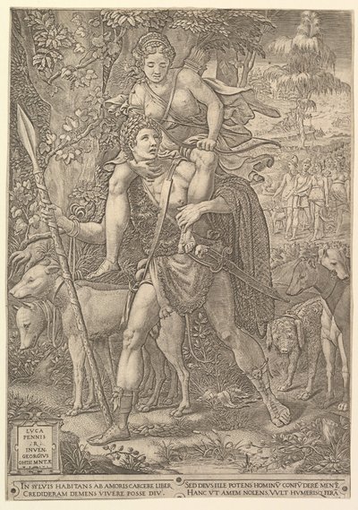 A vadászat allegóriája, egy vadász, aki egy nagy lándzsát tart, és egy nőt, Dianát visz a shou..., 1556. alkotó: Giorgio Ghisi