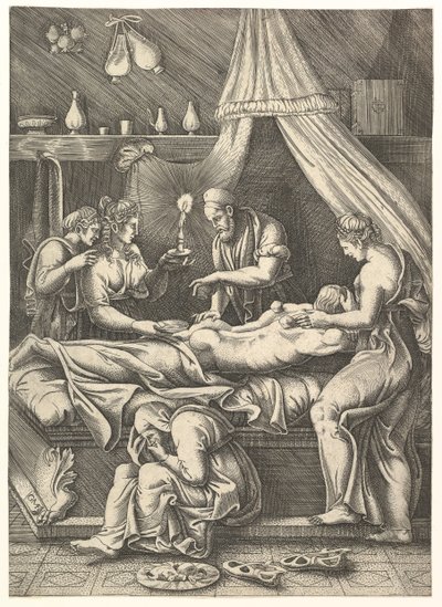 Betegség allegóriája, az ágyon fekvő ember alakokkal körülvéve, kb. 1540. alkotó: Giorgio Ghisi
