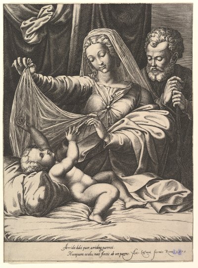 Loretói Madonna, a Szűz fátylat emel a Gyermek fölé, aki ágyon és párnán fekszik..., 1575. alkotó: Giorgio Ghisi