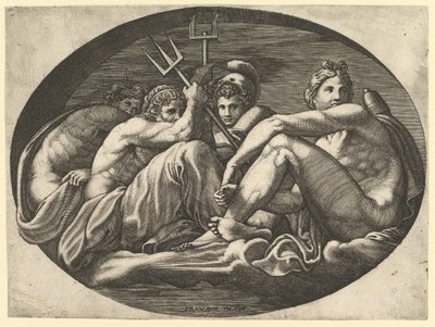 Plútó, Neptunusz, Minerva és Apollo, egy nyolc kompozícióból álló sorozatból, Francesco P... után, 1560-as évek. alkotó: Giorgio Ghisi