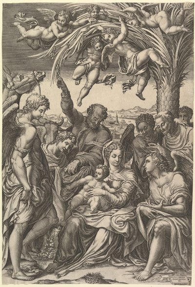Pihenjen az Egyiptomba, a Szent Család egy pálmafa alatt, angyalokkal körülvéve, 1578-ban. alkotó: Giorgio Ghisi