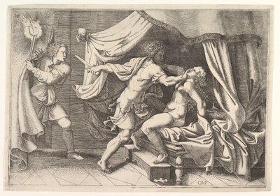 Tarquin megtámadja Lucretiát, a bal oldali szolgát, aki szemtanúja volt a jelenetnek, kb. 1540. alkotó: Giorgio Ghisi