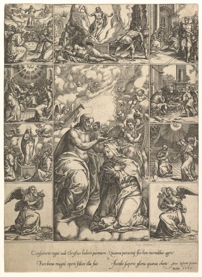 A Szűz koronázása, amelyet kilenc matrica vesz körül... életének jeleneteivel, 1575-re. alkotó: Giorgio Ghisi