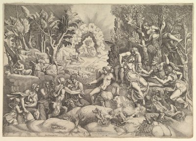 Prokrisz halála, Cephalus gyászolja Prokrisz halálát a jobb oldalon körülvéve..., kb. 1540. alkotó: Giorgio Ghisi