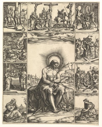 A Fájdalmak embere, Krisztus képe, amelyet kilenc matrica vesz körül, amelyek... jeleneteit ábrázolják, 1575-re. alkotó: Giorgio Ghisi