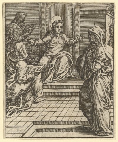 A Szomorú Szűz: Krisztus vitatkozik az orvosokkal, egyike a kilenc környező társaságnak..., 1575-re. alkotó: Giorgio Ghisi