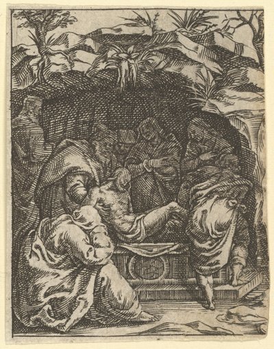 The Virgin of Sorrows: The Tombment, az egyik a kilenc környező rekesz közül a Vi...-ből, 1575-re. alkotó: Giorgio Ghisi