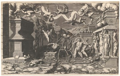 Ezékiel látomása, a sírokból előbukkanó holttestek és csontvázak csoportja, fölöttük..., 1554. alkotó: Giorgio Ghisi