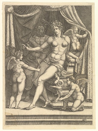 Vénusz és Vulkán egy ágyon ülve és három puttival, 1550-es évek közepe. alkotó: Giorgio Ghisi