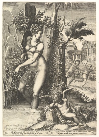 A Vénusz tövisekkel szurkált egy rózsabokor, a háttérben Mars üldözi Adonist, a ..., 1556. alkotó: Giorgio Ghisi