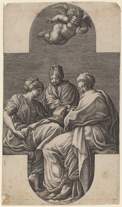 Három múzsa és egy intett puttó alkotó: Giorgio Ghisi after Francesco Primaticcio