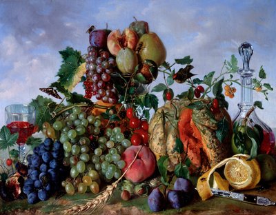 Augusztus hónap gyümölcseinek csendéletei, őszibarack, dinnye, szőlő, damaszkuszi szilva, körte (augusztusi gyümölcsök, őszibarack, dinnye, körte, szőlő és damsonok) Giorgio Rovea (kb. 1815-1892) festménye 1862 Méret 53x67 cm Gének , Galleria d