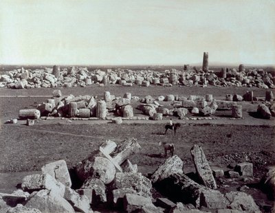 Panoráma a Selinunte-i Minerva és Apollón templom maradványairól. A régészeti lelőhely romjai között egy ember ül lóháton alkotó: Giorgio Sommer