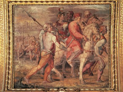 Száműzetésbe induló I. Cosimo, Giorgio Vasari (1511-1574) freskója. Salone dei Cinquecento (Ötszáz csarnoka), Palazzo Vecchio, Firenze. Olaszország alkotó: Giorgio Vasari