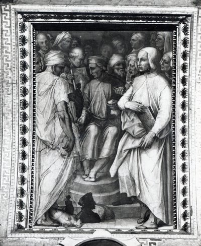 Cosimo de Medici filozófusok és művészek között ül a Sala di Cosimo il Vecchio-ban alkotó: Giorgio Vasari