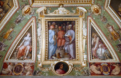 Részlet Cosimo de Medicis szobájából, aki művészekkel és értelmiségiekkel ábrázolja magát (freskó alkotó: Giorgio Vasari