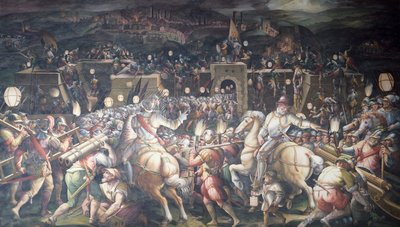 Olaszország, Firenze, Palazzo Vecchio (Régi palota), Salone dei Cinquecento, Erőd elfoglalása Sienában, a Port Camollia közelében alkotó: Giorgio Vasari
