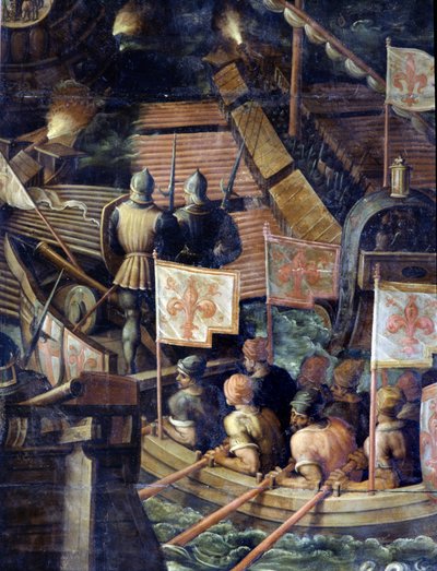 Tengeri csata Firenze és Pisa között. Részlet. Cinquecento nappali mennyezete. Giorgio Vasari (1511-1574) manierista festménye ,1565. Palazzo Vecchio (Palazzo della Signoria) Firenze 1097.1 alkotó: Giorgio Vasari