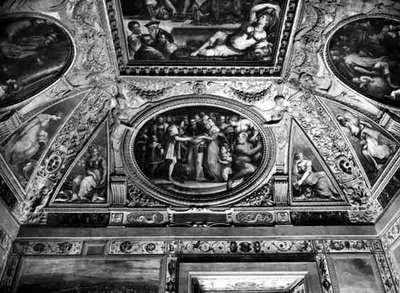 VII. Kelemen pápa (1478-1534) feleségül veszi Medici Katalin (1519-1589) és II. Henrik francia (1519-59), a Sala di Clemente VII. alkotó: Giorgio Vasari