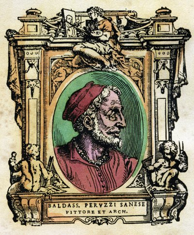 Baldassarre Peruzzi (1481-1536) sienai építész és festő portréja. Metszet Giorgio Vasari (1511-1574) „The Lives” című könyvéből 1568 © Fototeca Gilardi / Leemage alkotó: Giorgio Vasari