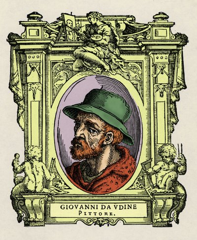 Giovanni da Udine (Giovanni Nanni) (1487-1564) portréja. olasz festő és építész. Giorgio „A legkiválóbb festők, szobrászok és építészek élete” (A legkiválóbb festők, szobrászok és építészek élete) csemege metszete alkotó: Giorgio Vasari