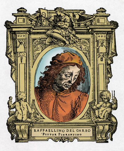 RAFFAELLINO DEL GARBO (Raffaellino de Carli) (1466-1525) olasz festő portréja. Giorgio Vasar „A legkiválóbb festők, szobrászok és építészek élete” (A legkiválóbb festők, szobrászok és építészek élete) csemege metszete alkotó: Giorgio Vasari