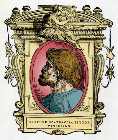 Vittore Carpaccio (1460-1526) velencei festő portréja. Giorgio Vasari „A legkiválóbb festők, szobrászok és építészek élete” (A legkiválóbb festők, szobrászok és építészek élete) csemege metszete alkotó: Giorgio Vasari