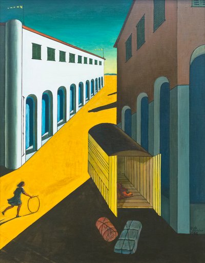 Rejtély és melankólia egy utcán, karikás lány alkotó: Giorgio de Chirico