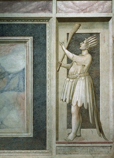 Bolondság, lakattal zárt szájú férfialak, jobb kezében ütő, tollal és pávafarokkal borított fej, Giotto, részlet A bűnök és erények című freskóciklusból, 2002-es restaurálás után, Scrovegni kápolna, Padova, Veneto , Olaszország. alkotó: Giotto (c.1266 1337)
