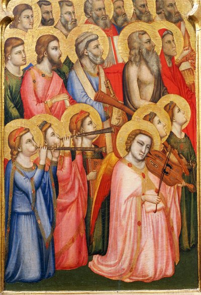 Olaszország, Firenze, Szent Kereszt-bazilika, Bandini Baroncelli kápolna, Hangszeren játszó angyalok, Szűz koronázásának részlete alkotó: Giotto (c.1266 1337)