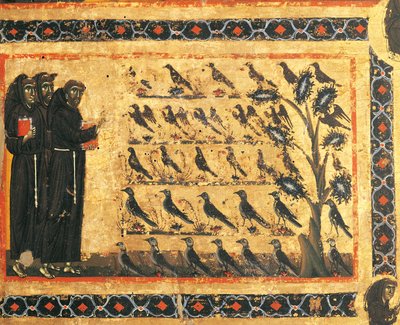 Szent Ferenc történetei: Szent Ferenc madaraknak prédikál, Giotto freskója (1267-1337), kb. 1325. Vernio Bardi-kápolna, Santa Croce-bazilika, Firenze. Olaszország alkotó: Giotto (c.1266 1337)