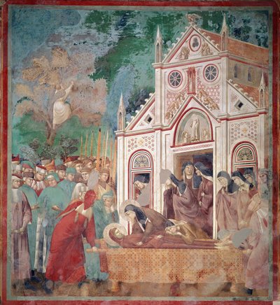 Assisi Szent Ferenc temetkezési csapatát megállítják Saint Damien előtt, hogy Szent Claire tisztelje a testet - Fresco alkotó: Giotto (c.1266 1337)