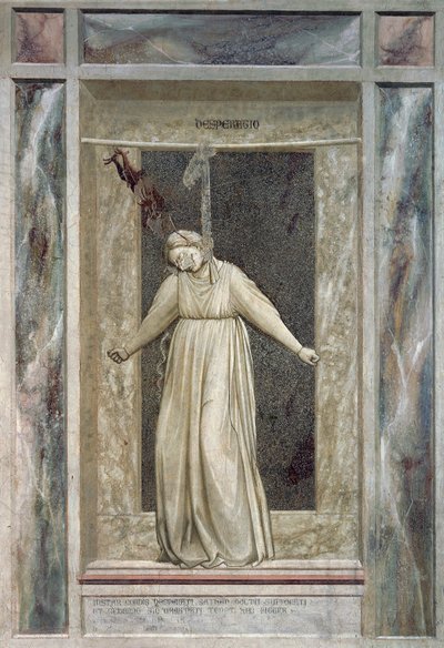 Kétségbeesés, magát felakasztó női alak és az ördög, aki a hajába ragadja, Giotto (1267-1337) részlete A bűnök és erények című freskóciklusból alkotó: Giotto (c.1266 1337)