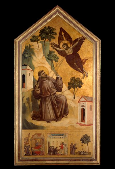 Assisi Szent Ferenc kapja a Tempera-stigmákat fára Giotto di Bondone (1266-1337) 1300 körül, V. 3,13 x 1,63 m. - Szent Ferenc stigmái. Tempera fán, Giotto di Bondone (1266-1337) 1295-1300 körül. 3,13 x 1,63 m. Louvre múzeum, alkotó: Giotto (c.1266 1337)