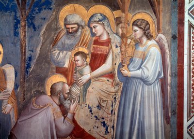 A mágusok imádata. Részlet a Jézus előtt leboruló mágusról Mária karjaiban az angyal és Szent József között (freskó alkotó: Giotto (c.1266 1337)