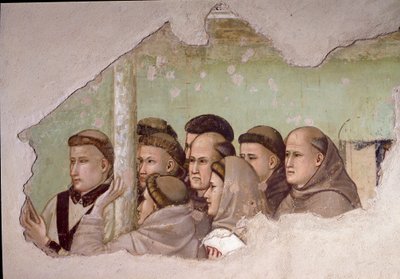 Epizód Assisi Szent Ferenc életéből: „Szent Ferenc megjelenik Fra Agostinónak és egy estének”” Részlet a ferences szerzetesek csoportjáról. Giotto da Bondone freskója alkotó: Giotto di Bondone